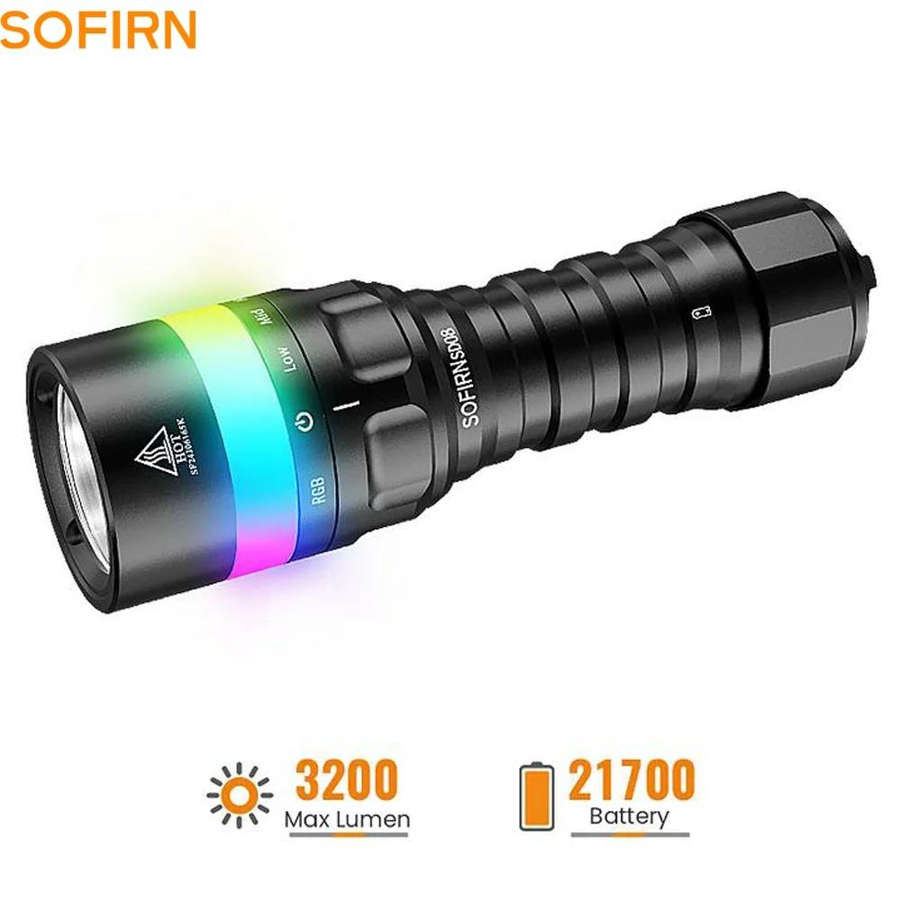 

SOFIRN SD08 360° RGB Dive Flashlight SST70 LED 3200lm Rechargeable 21700 Underwater Torch