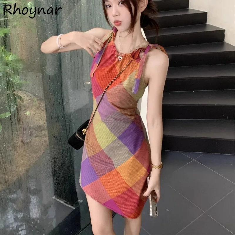 

Colorful Dresses Women Korean Style Retro Plaid Sleeveless Panelled Lace-up Slimming Sweet Girls Vacation Summer Temperament Y2k