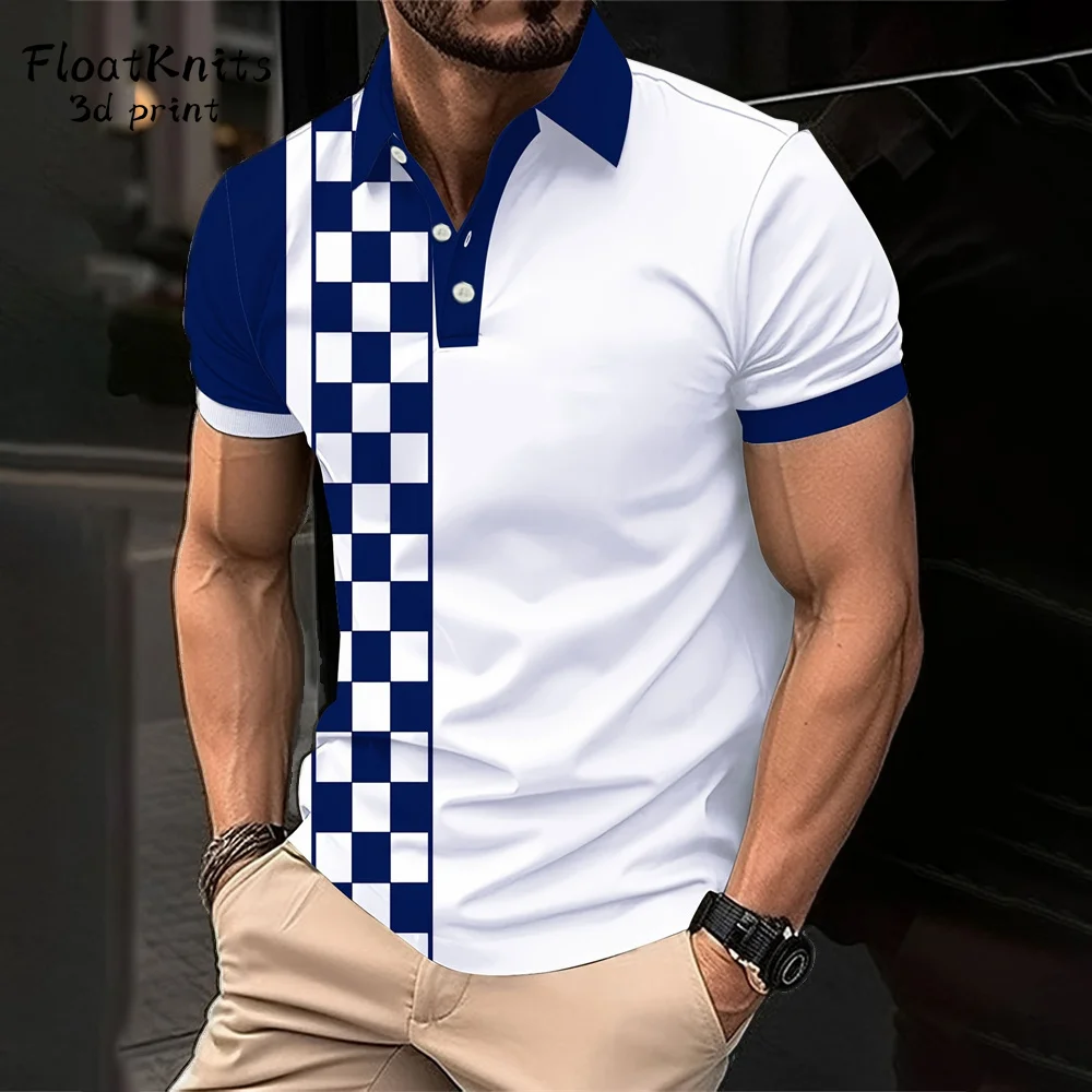 

Men's Short Sleeve Polo Shirt Summer Line Plaid Printed Breathable Streetwear Fashion Splicing Men's Casual Shirt New Lapel Tops