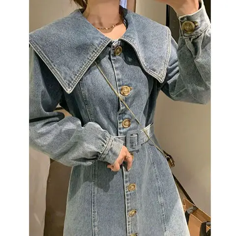 Ladies 2024 Spring New Retro Anti-Aging Polo Collar Casual Long-Sleeved Denim Dress High Waist Temperament Dress for Women V390