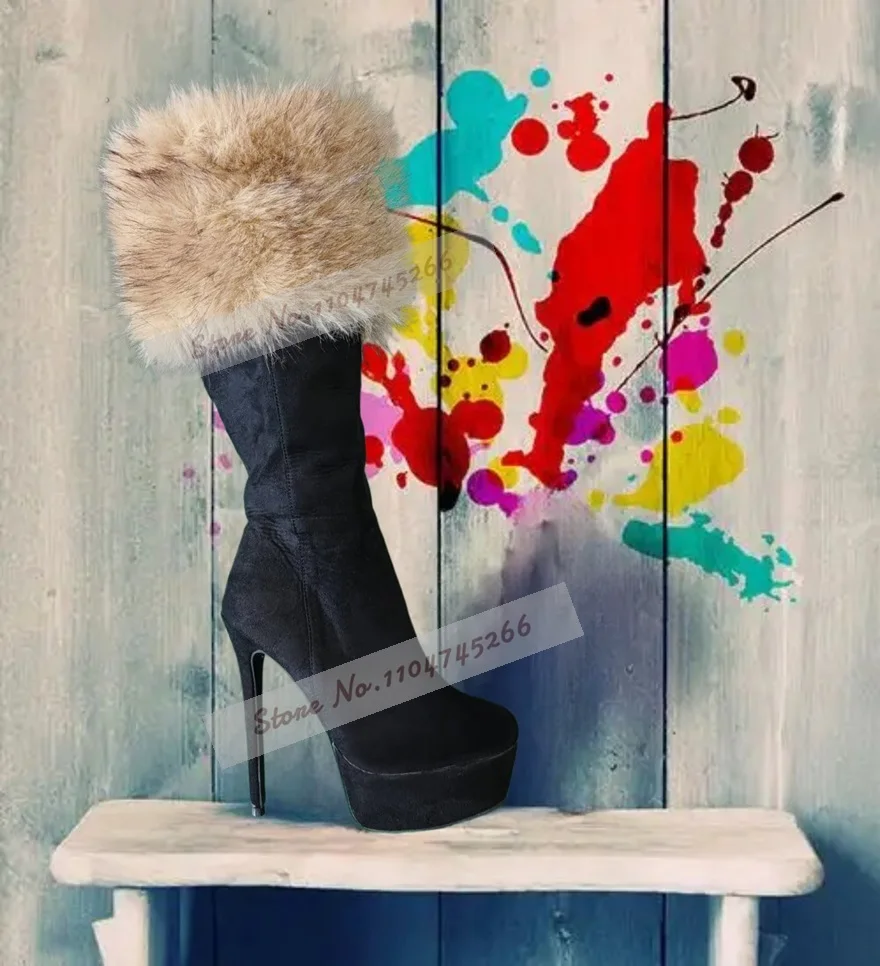 

Black Suede Stiletto Heel Beige Soft Fur Knee High Boots Platform Fluffy Plush Fall Winter Tall Boots Elegant Dress Shoes