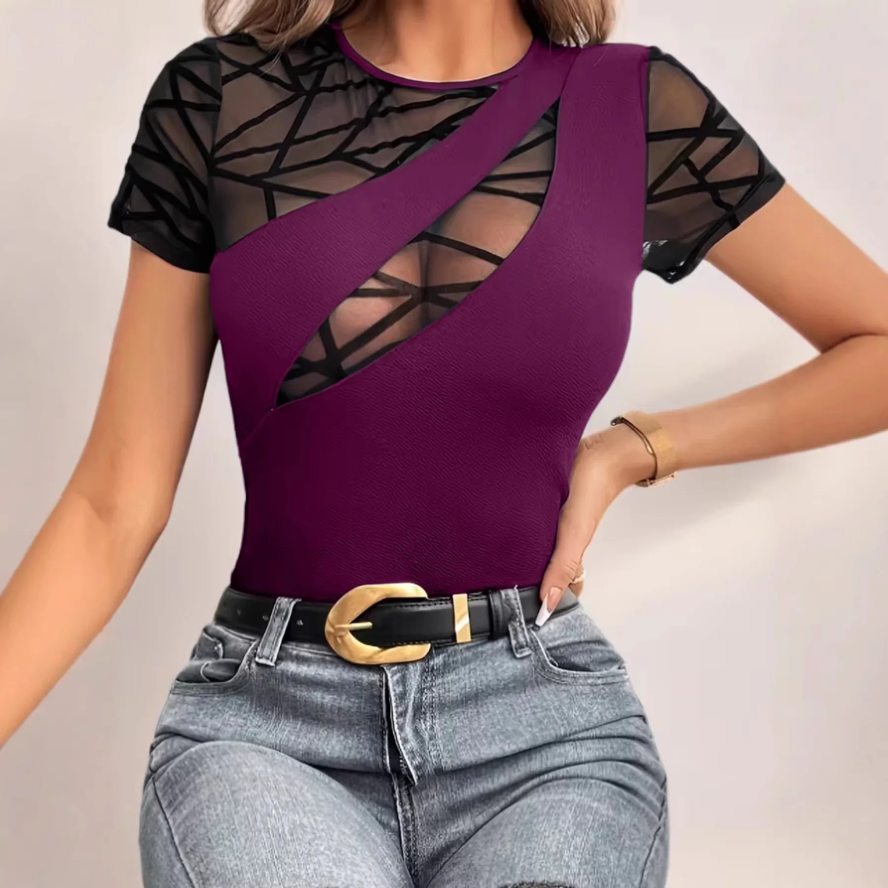 Harajuku Tops 2026 Women's Fashion New T-shirt Solid Color Mesh Splicing T-shirt M