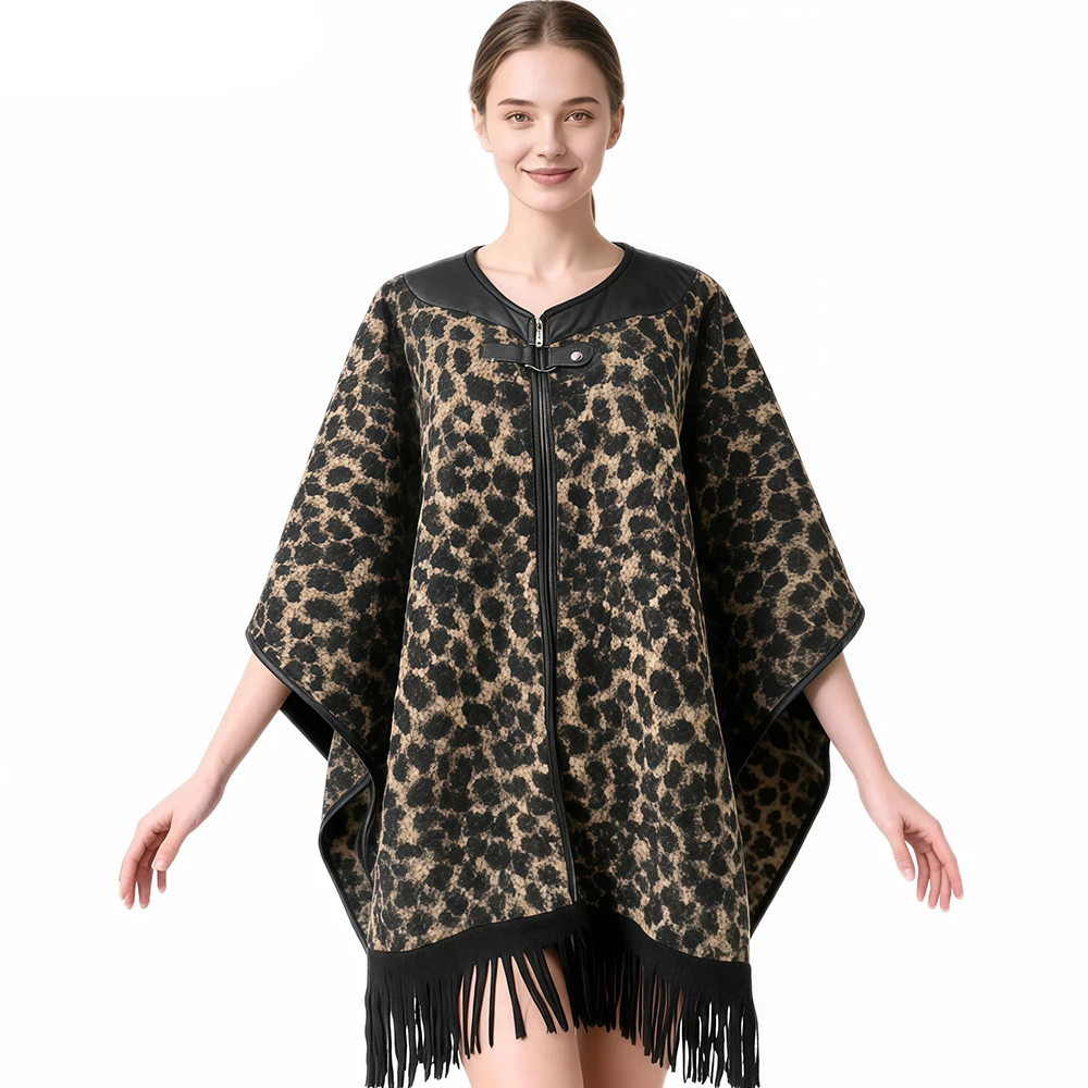 Retro Fringed Leather Collar Patchwork Knitted Sweater Coat For Women Leopard Printed Shawl Cape Outerwear Long Poncho Cloak