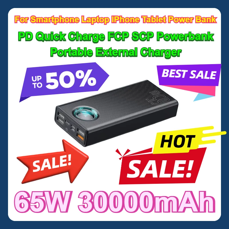 

For Smartphone Laptop IPhone Tablet 65W Power Bank 30000mAh PD Quick Charge FCP SCP Powerbank Portable External Charger