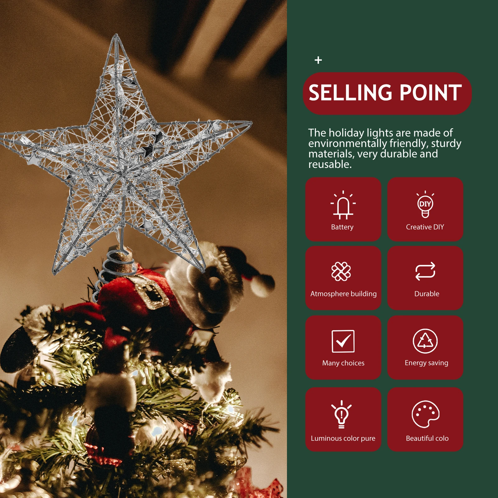 1 szt. Świecący w ciemności szczyt choinkowy, jasny i kolorowy, dekoracja choinkowa na Boże Narodzenie, dekoracja na imprezę, dekoracja domu, ozdoba na szczyt choinki