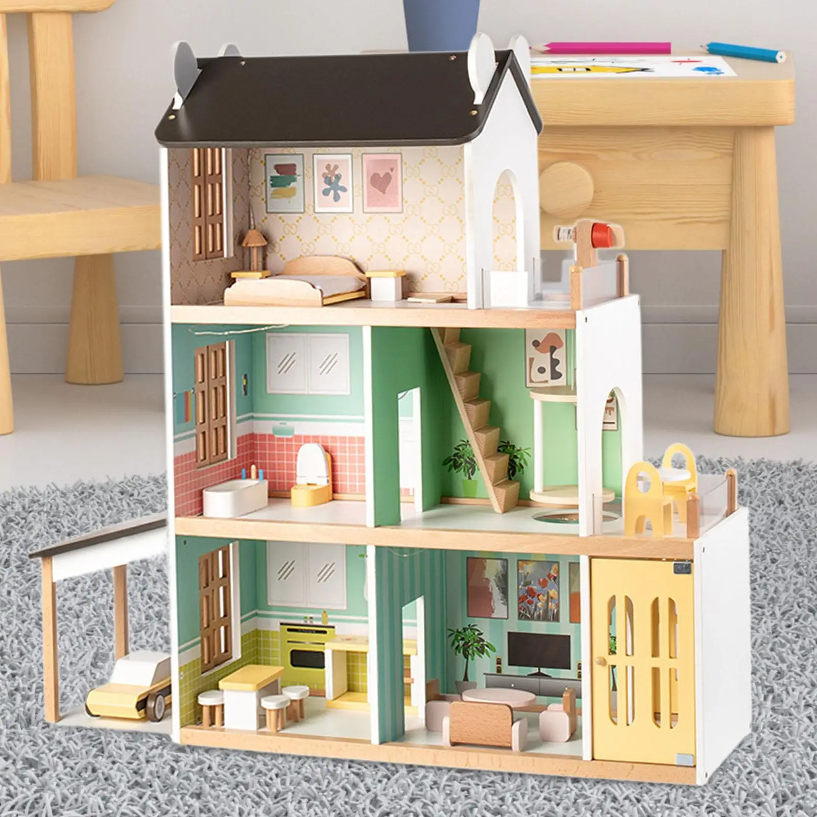 

Kids Wooden Dollhouse Development Skills Role Play Game for Presents Kids