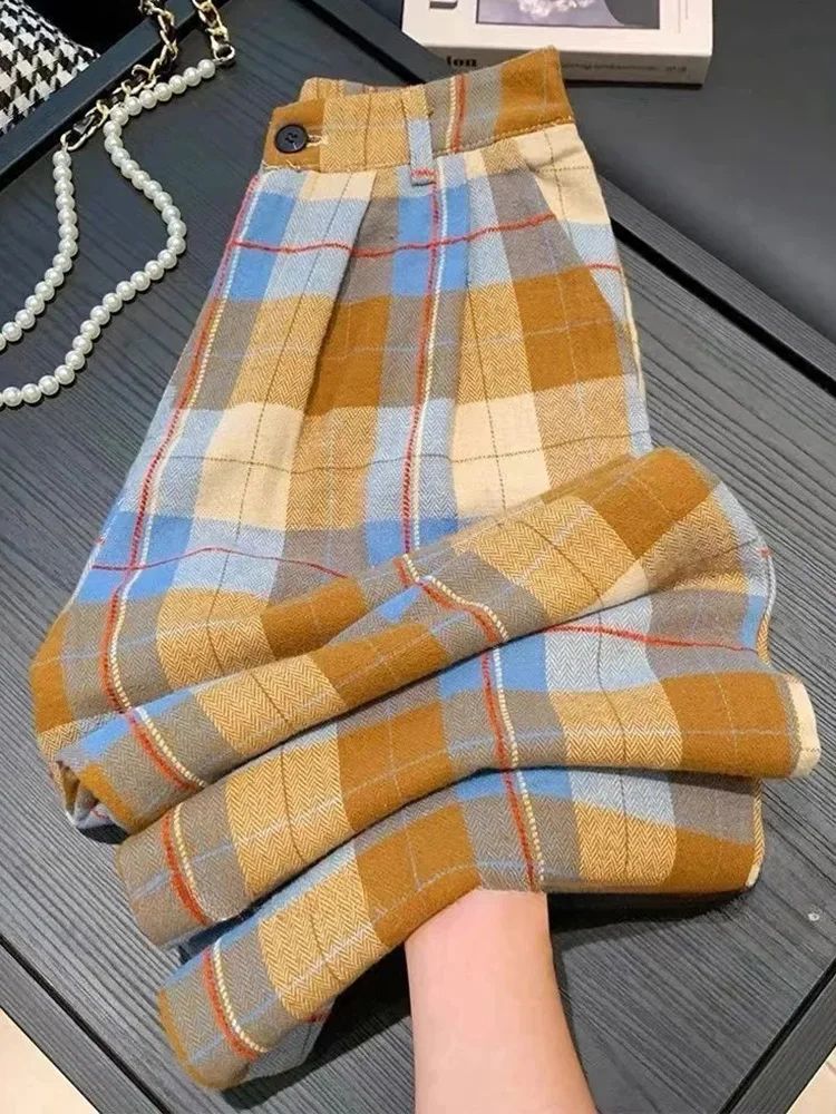 

Vintage Fall Plaid Wide Leg Pants Women Casual Loose High Waist Retro Trousers American Pockets Lady High Quality Straight Pant