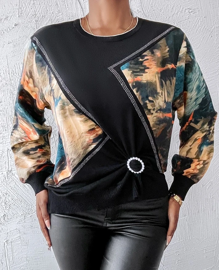 

Casual Abstract Tie Dye Pattern Pullover Sweater Cewneck Long Sleeve Tops for Women's Clothing New Fashion Rhinestone Sweater