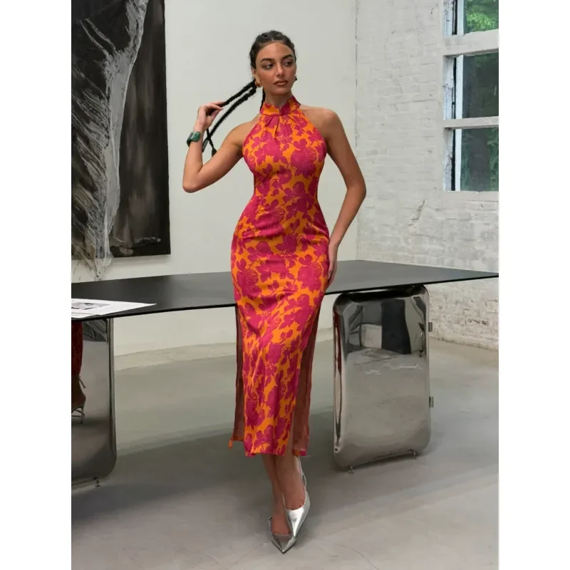 Chinese Retro Stand Collar Sleeveless Cheongsam Dress Women Floral Print Jacquard Waist Slim Fit Long Dress with Side Split