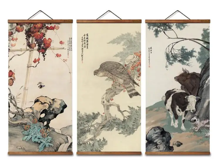 

MT0104 Chinese Style flowers animal cow Decorative Wall Art Posters Solid Wood Scroll Paintings