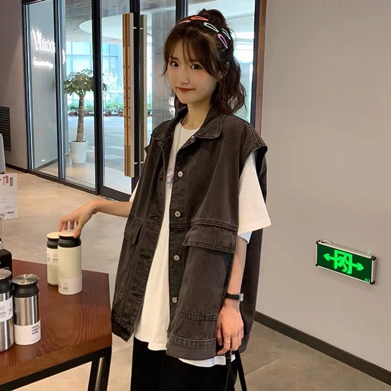 Coletes jeans femininos sem mangas jaqueta y2k streetwear único breasted casacos cardigan bolsos high street outerwear solto primavera