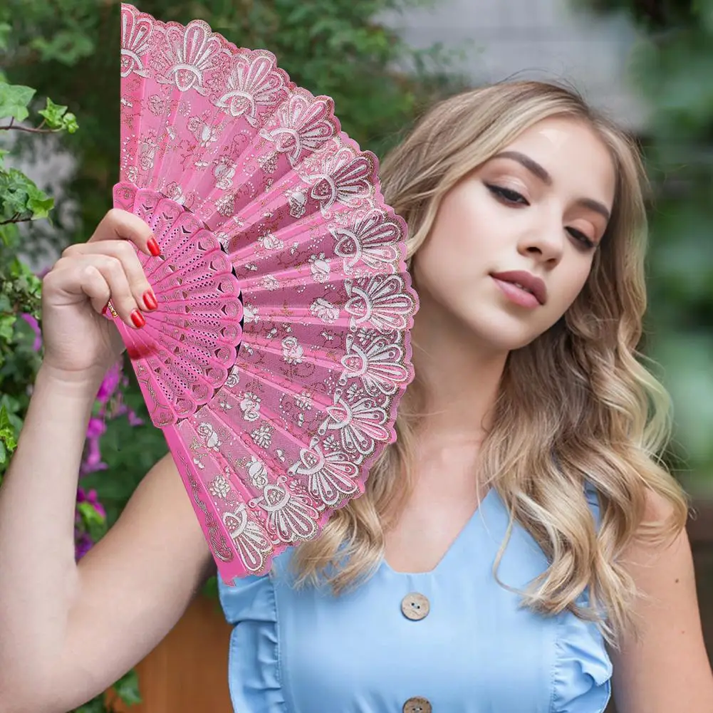 Folding Fan Portable Floral Pattern Elegant Vintage Plastic Rib Lace Handheld Fan Lightweight Chinese Style Sturdy Hand Fan