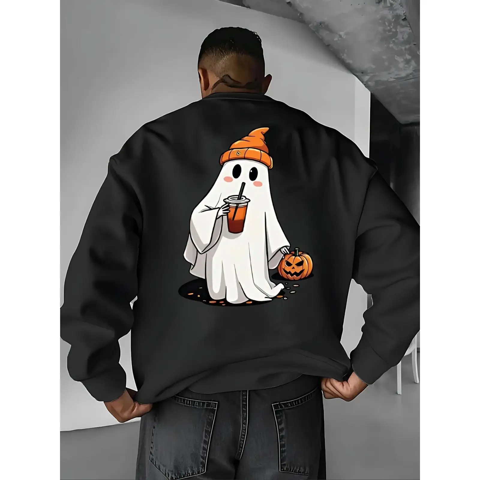 

Cute Ghost Hoodie Halloween Graphic, Funny Cartoon Pumpkin Sweatshirt, Kawaii Milk Tea Pullover for Women Men