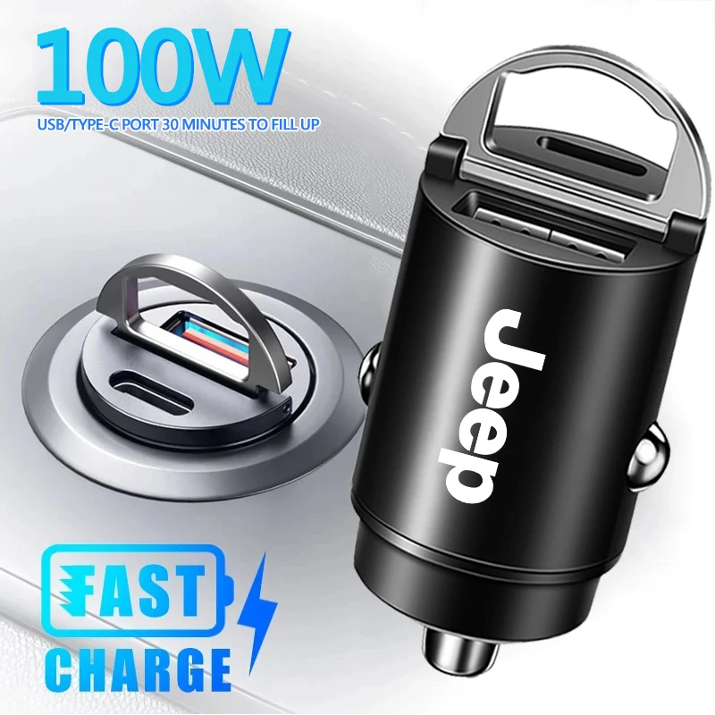 Carregador de Carro Mini 100W QC3.0 PD com Carregamento Rápido USB Tipo C para Jeep Renegade Wrangler JL Liberty Rubicon XJ Trail Hawk
