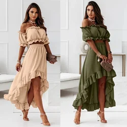 Women's S-XL Size European and American autumn new one line collar ruffled skirt set casual irregular short sleeved