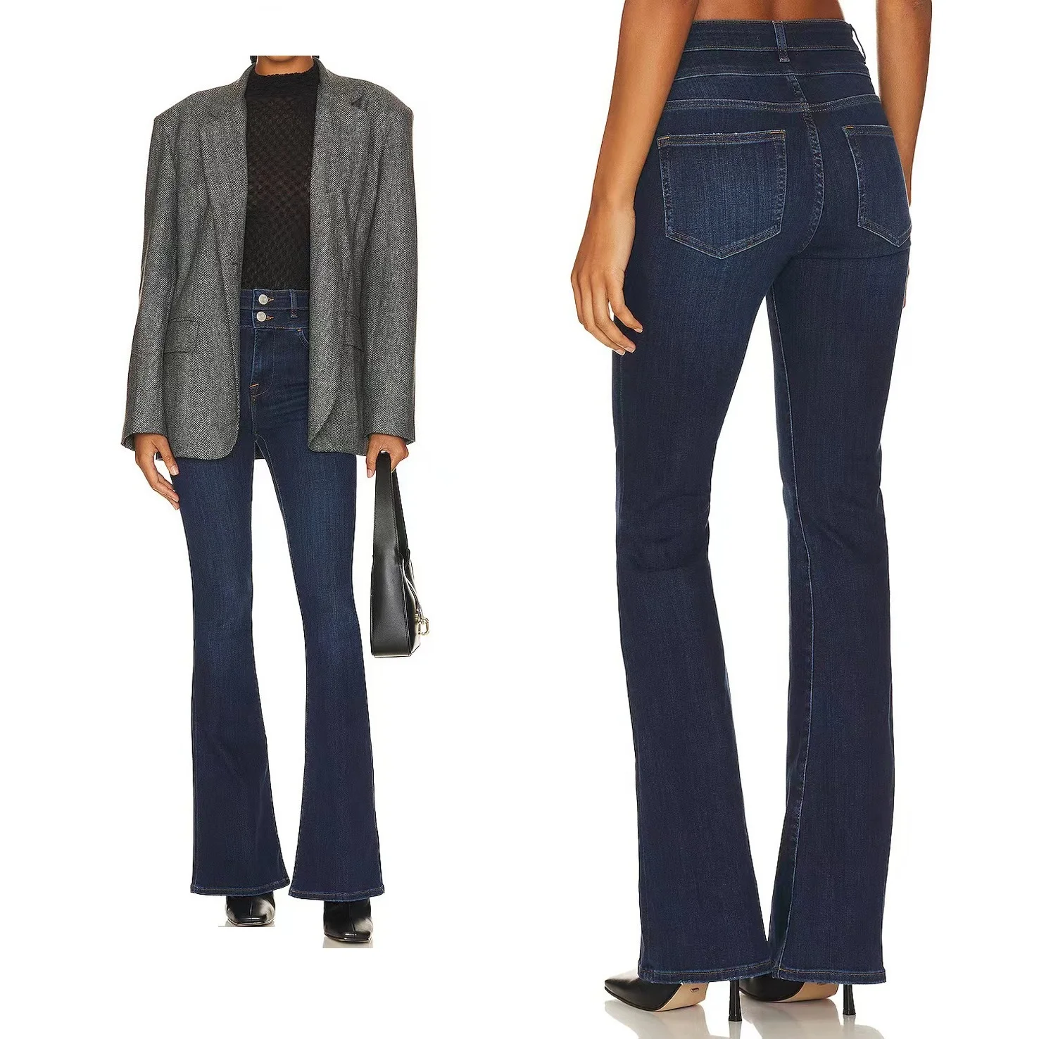 

High Waisted Double Button Deep Blue Slim Fit Flared Pants for Women