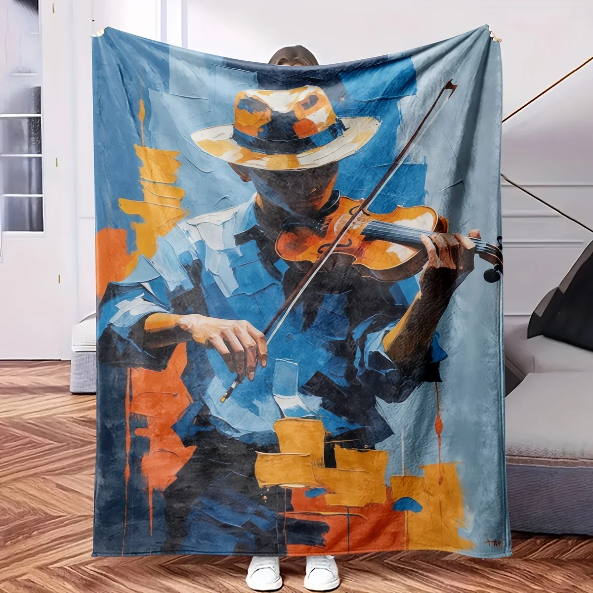 Large Bohemian Violinist Blanket Throw  Mural Artwork for Living Room Decor Jazz Music Art Large Blanket 150x230cm