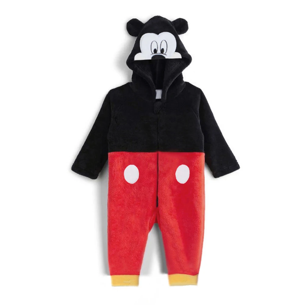 New Cute Mickey Mouse Baby Fleece Jumpsuit Warm Infant Minnie Hello Kitty Hooded Romper Kids Homewear for Autumn Winter