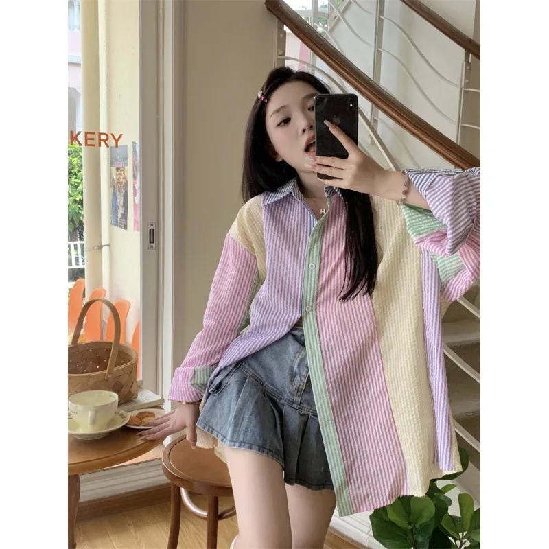 Korean Colorful Striped Long Sleeved Rainbow Shirt  Women Summer 2023  New Sweet Design Loose Fitting Mid Length Sun Protection