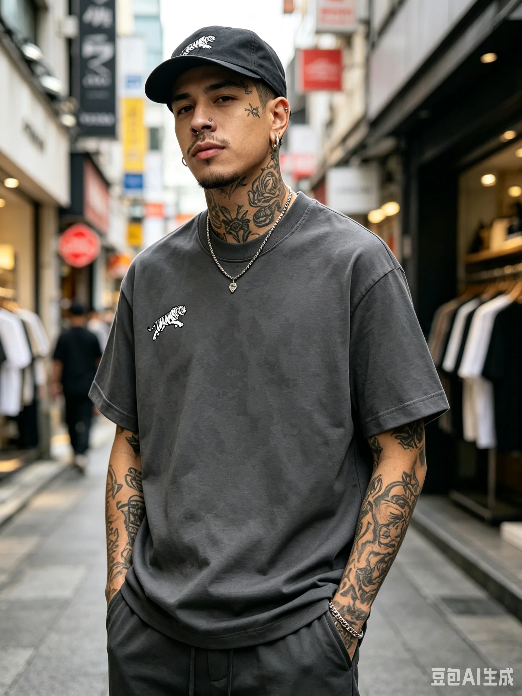 Simple Sketch White Tiger Small Chest Print Oversized Tshirt Men 100% Cotton Hip Hop Loose Short Sleeve Summer Animal Tee