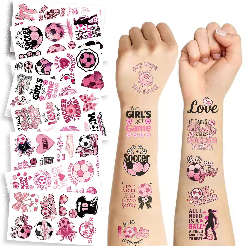 10Pcs/Set New Cool Pink Colour Football Temporary Tattoo Stickers Cartoon Soccer Designs for World Cup Football Party Gifts