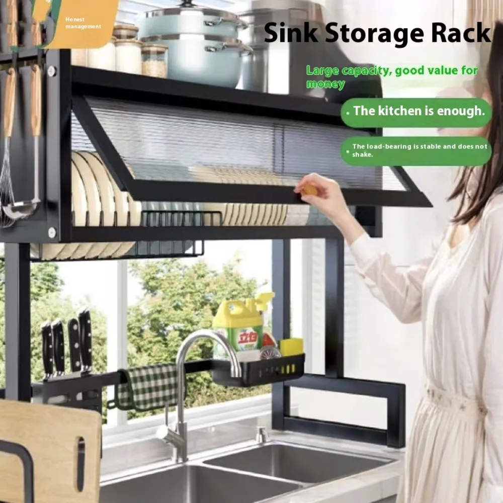 Over The Sink Dish Drying Rack Multi-Functional Countertop Scullery Kitchen Sink Storage Shelf Dish Drain Rack with Cabinet Door