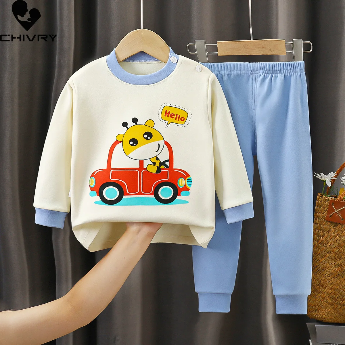 

Autumn Winter New Boys Girls Warm Pajamas Kids Cute Cartoon Animal Long Sleeve T-shirt with Pants Baby Sleepwear Clothing Sets