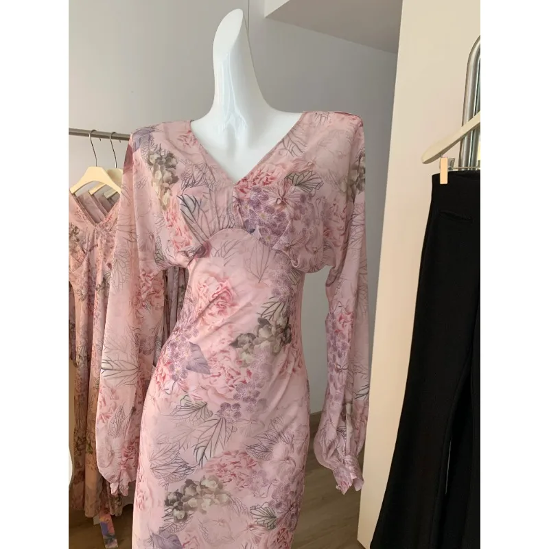 Elegante floral impressão vestido feminino verão outono casual plissado em camadas de manga comprida chiffon uma linha longo maxi vestido festa