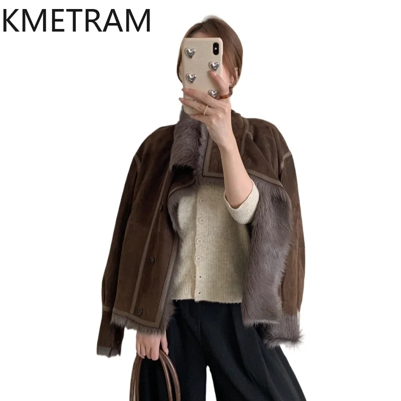 KMETRAM Naturalny płaszcz z naturalnej skóry koziej i owczej z wełną, luksusowy krótki płaszcz podróżny dla kobiet, zimowy 2025, fourrures femmes