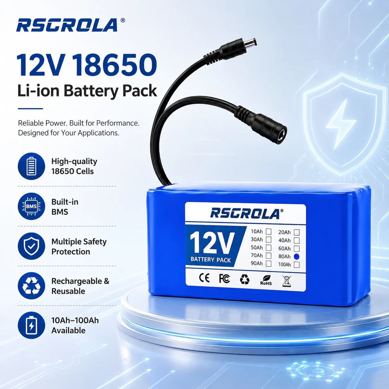 

Rechargeable 12V 18650 Lithium Battery Pack with BMS, for Solar, LED Light, RC Model, Power Supply, Long Cycle Life with Charger