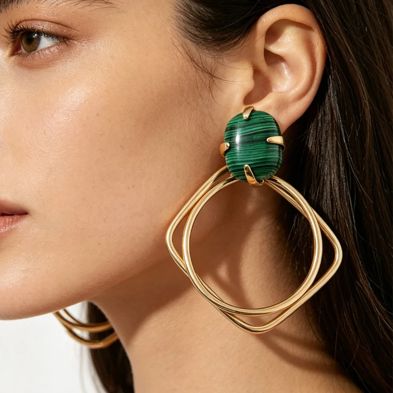 Europe America Brass Plated Gold Green Malachite Geometric Earrings Big Ear Clip Women Designer Jewelry