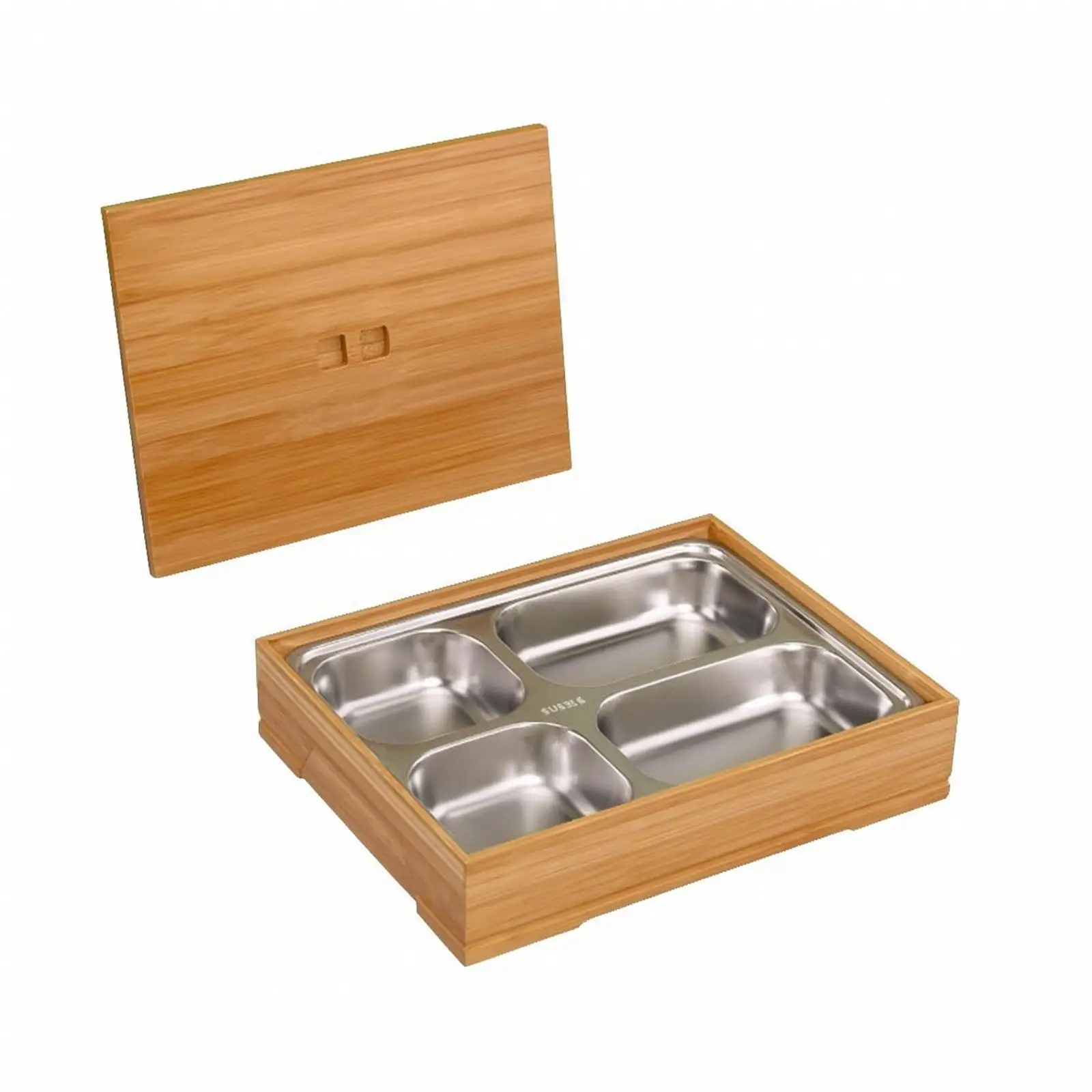 Meal Container with Stainless Steel Tray | Wood Appearance, Compartmented Interior Layout, for Office