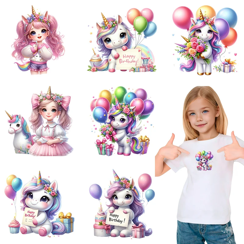 1piece Cute Girl Unicorn Birthday Wishes DTF Heat Transfer T-shirt Printed Stickers Iron On Children's Clothing Decoration