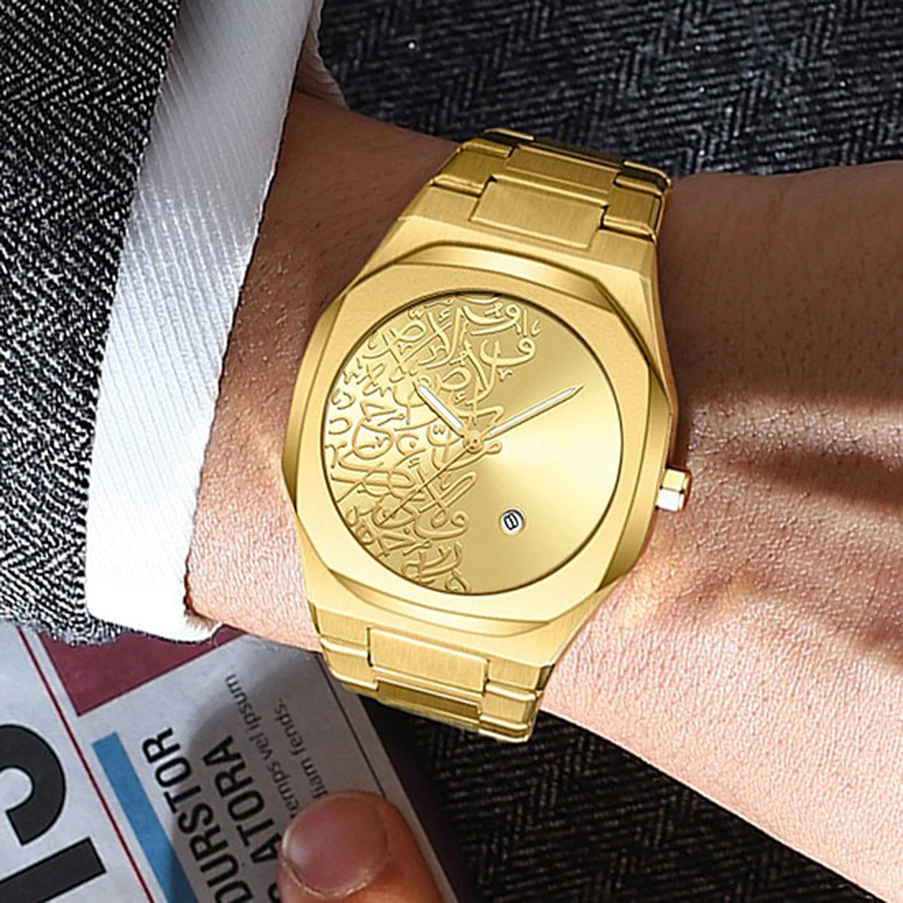 

Мужские кварцевые часы класса люкс для бизнеса, корпус из сплава, ремешок из нержавеющей стали, отображение даты, водонепроницаемость 3ATM