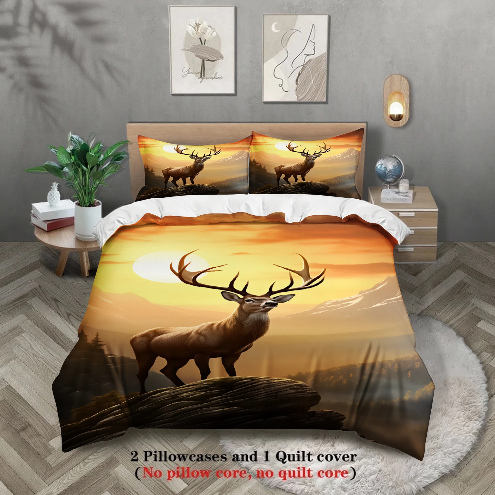 

Sunset And Mountain Printed Duvet Cover 100% Polyester Made Warm Gradient Color Deer 3PCS Bedding Sets Comforter Not Included