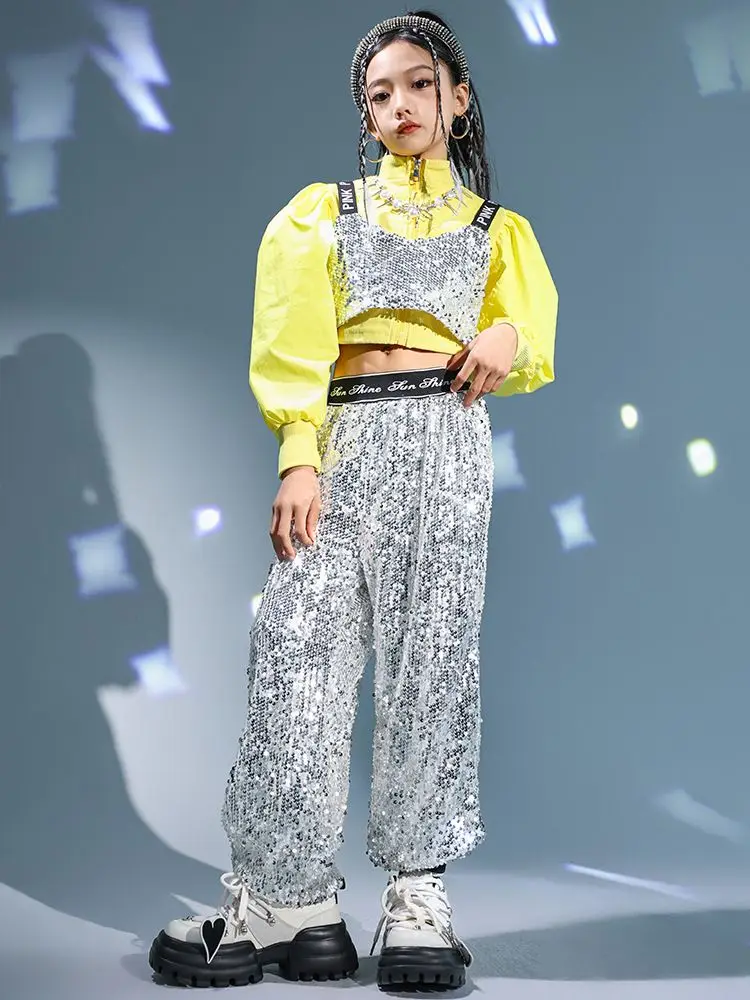 Kid Hip Hop Clothing Yellow Puff Sleeve Crop Top T Shirt Tank Silver Sequined Casual Pants for Girl Jazz Dance Costume Clothes