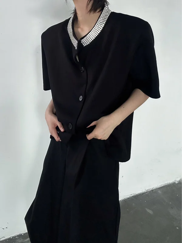 

TANGZ Studio Men's ort Sve Jaet Heavy Embelliment Diamond Luxury Casual Sle round Ne Summer Faion Outerwear