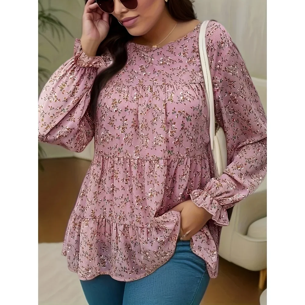 

Plus Size 1XL-5XL New Women's Floral Long-sleeved Print Blouse Formal Office Shirts Top Women Clothing