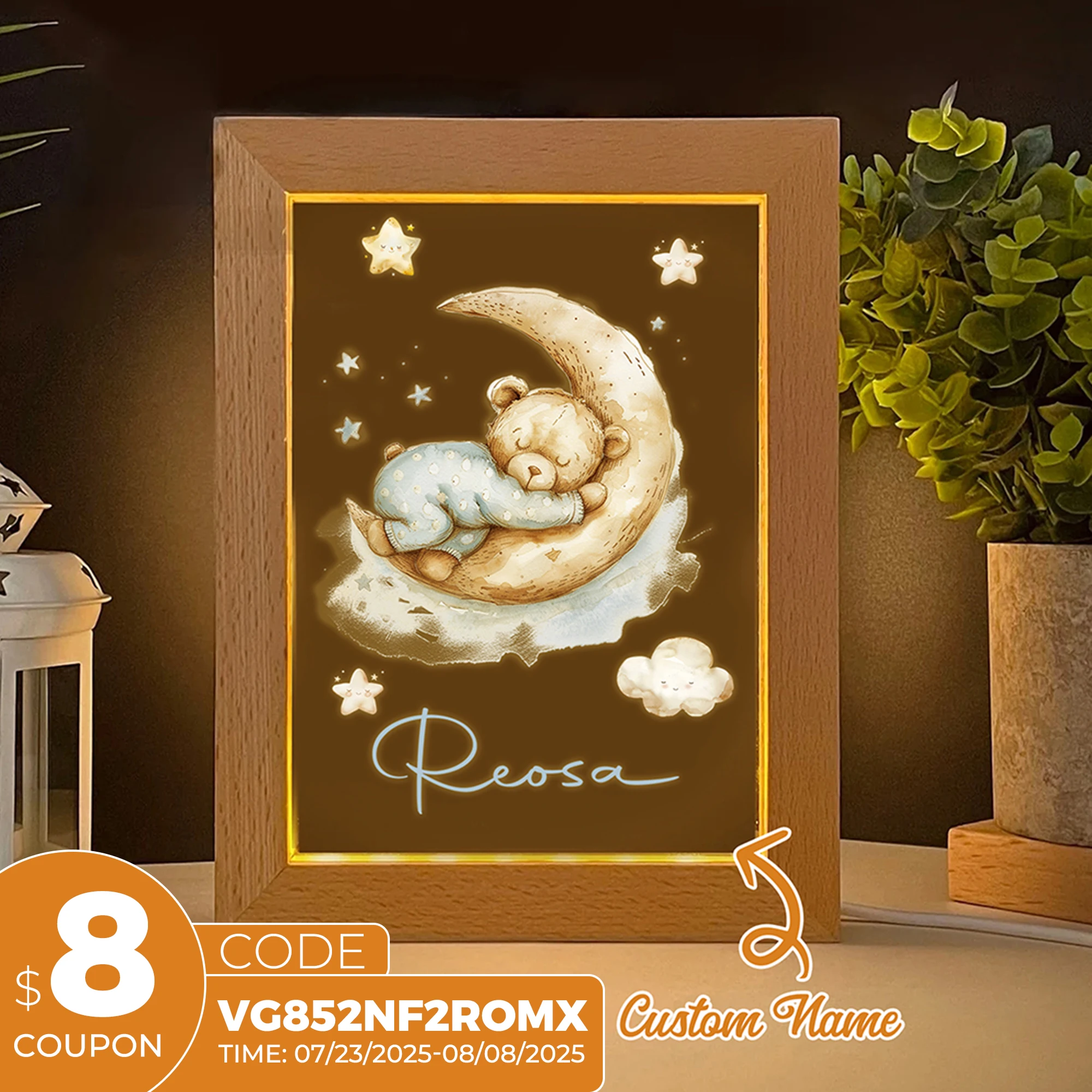 

Custom Kids Name Cartoon Bear LED Acrylic Night Wood Frame Personalized Gift Animal Light Lamp kids Room Bedroom Home Decor