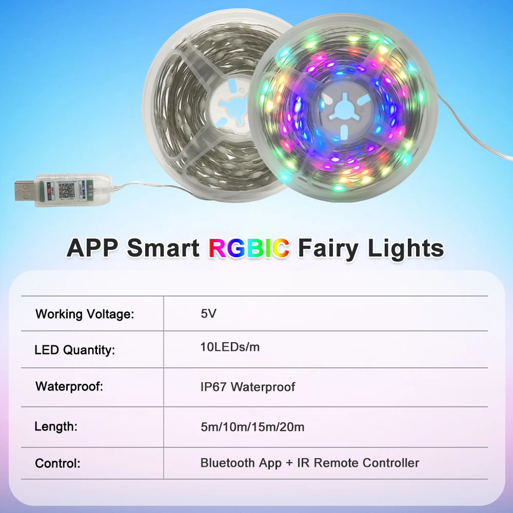 USB LED App Smart RGBIC wróżka pasek łańcuchy świetlne WS2812B 5V wodoodporny z 24 klawiszami zdalny Bluetooth sterowanie muzyką 5M 10M 15M