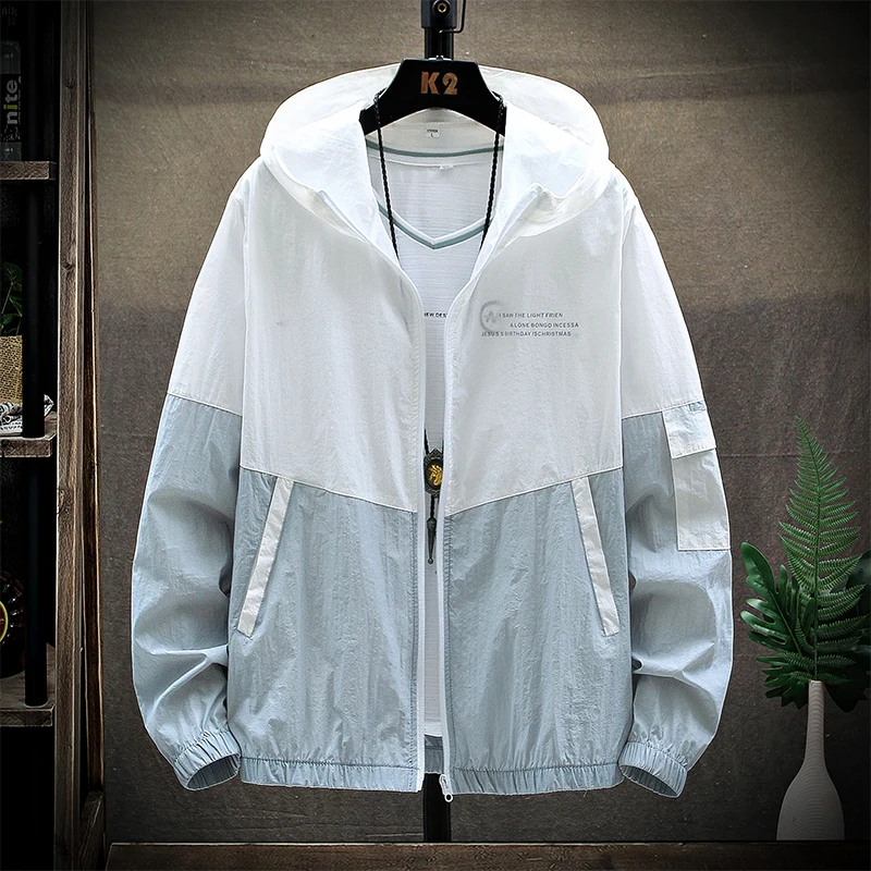 Summer Skin Coats Men Ultra Light UV Sun Protection Big Size Hooded Windbreaker Jacket Men Striped Casual Outwear