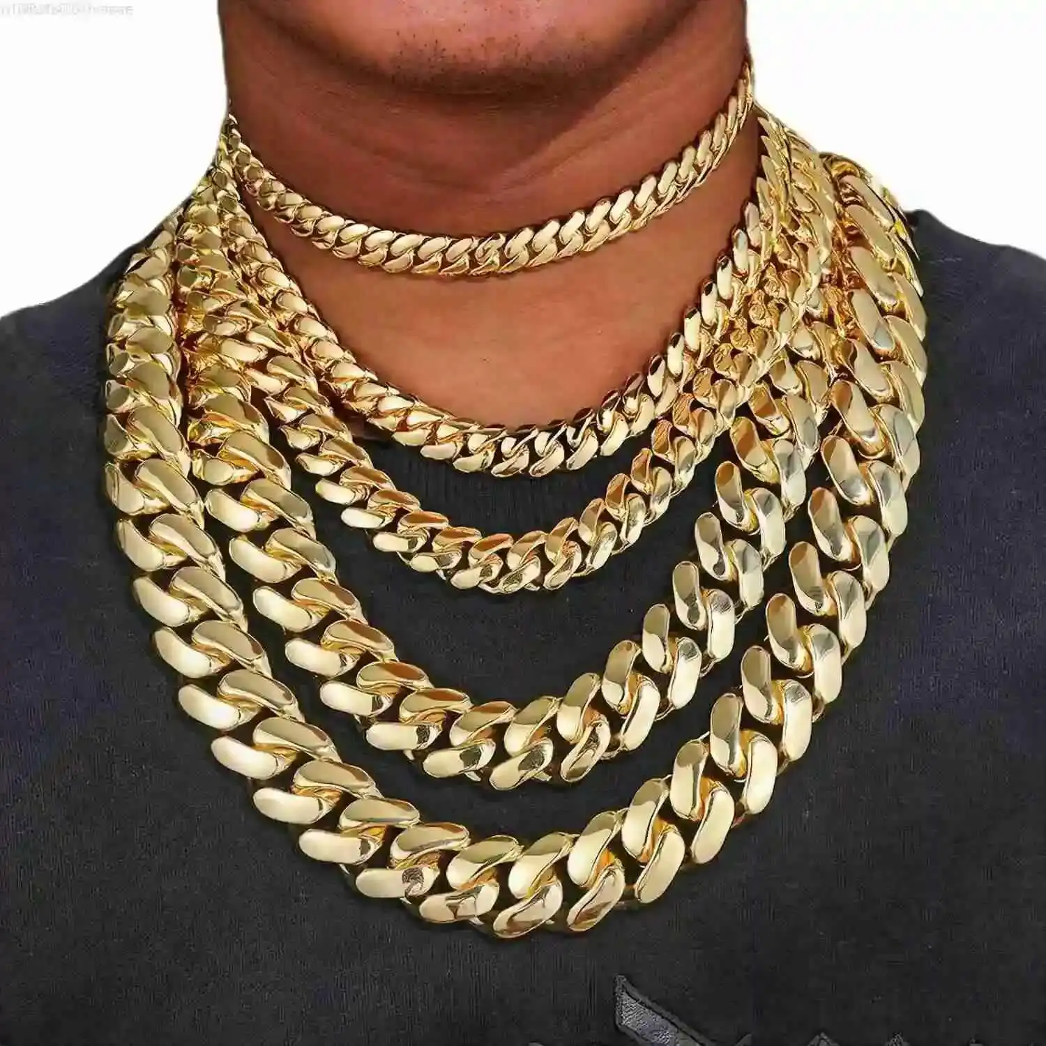 

Wholesale Choker 14K 18k Gold Plated Cuban Link Chain 10mm-25mm Heavy Solid Brass Miami Cuban Chains Bracelet Necklace for Men