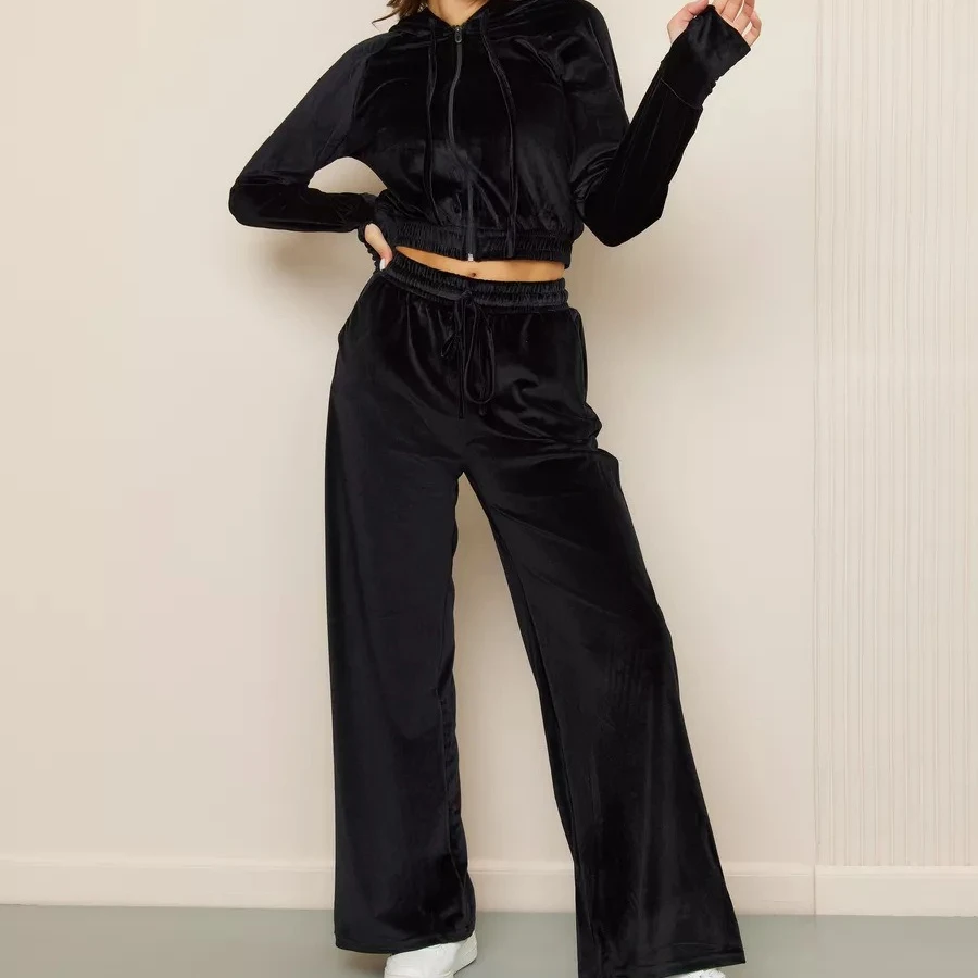 

Женский комплект из двух предметов: однотонные брюки и куртка с капюшоном на молнии, длинными рукавами и завязками на талии, повседневный, осень 2026