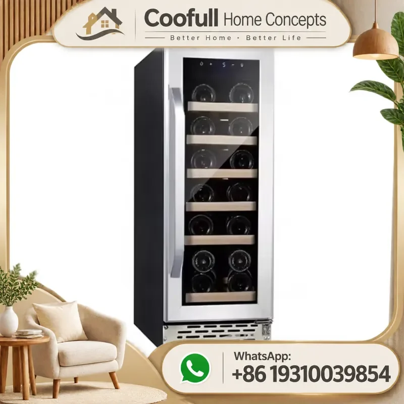 12 Inch Wine Cooler 19 Bottle Stainless Steel Beech Wood Shelves Built In Freestanding Mini Fridge For Bar Cabinet Home Use