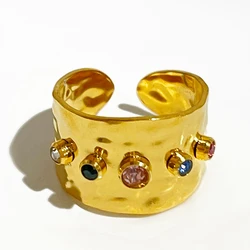 Peri'sbox Stainless Steel Chunky Gold Plated Hammered Wide Band Open Ring with Rainbow Cz Zircon Statement Jewelry Waterproof