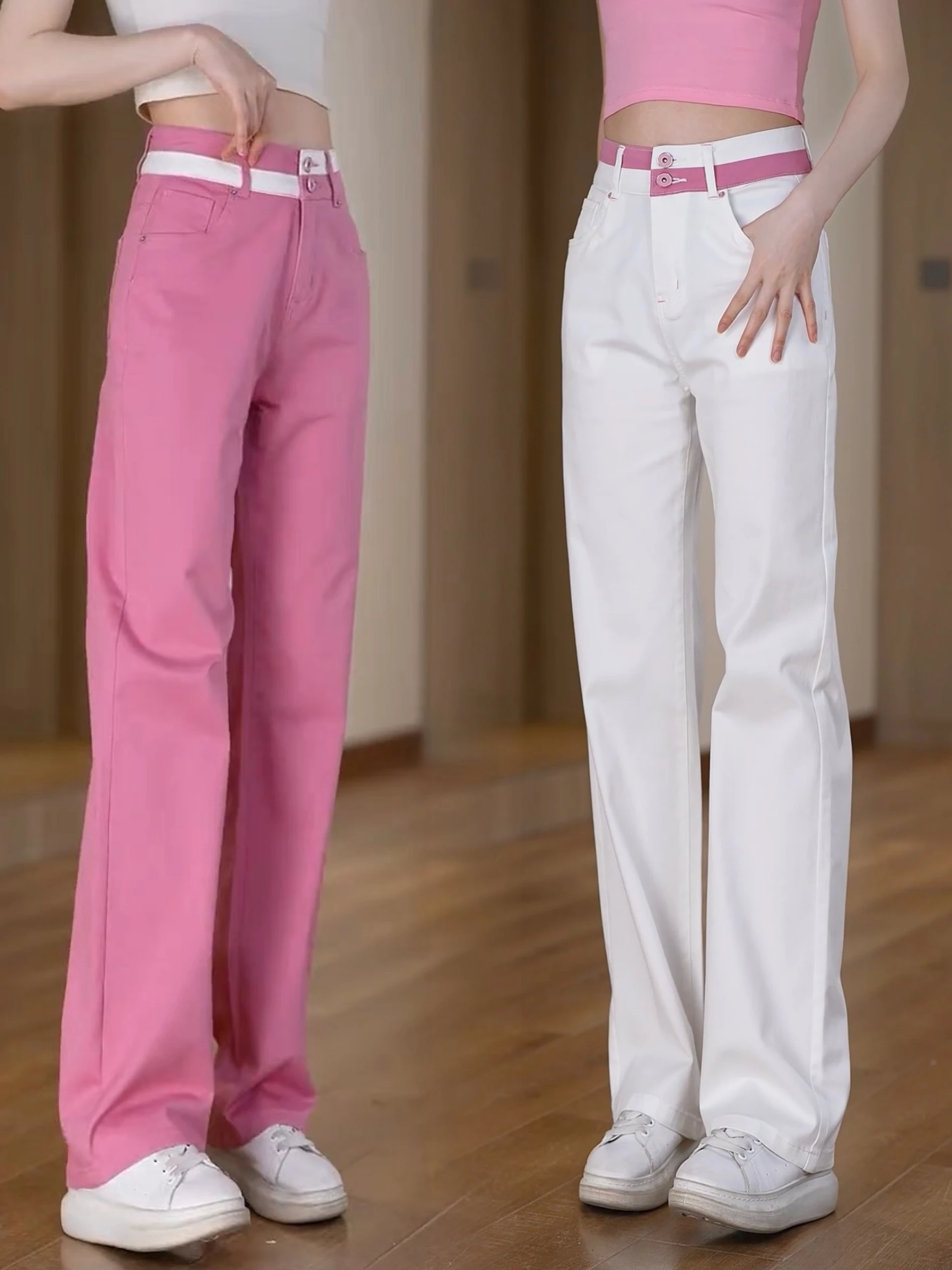 

Летние мягкие женские джинсы с высокой талией, широкие брюки, розовые утягивающие брюки прямого кроя, элитные модные брюки для женщин