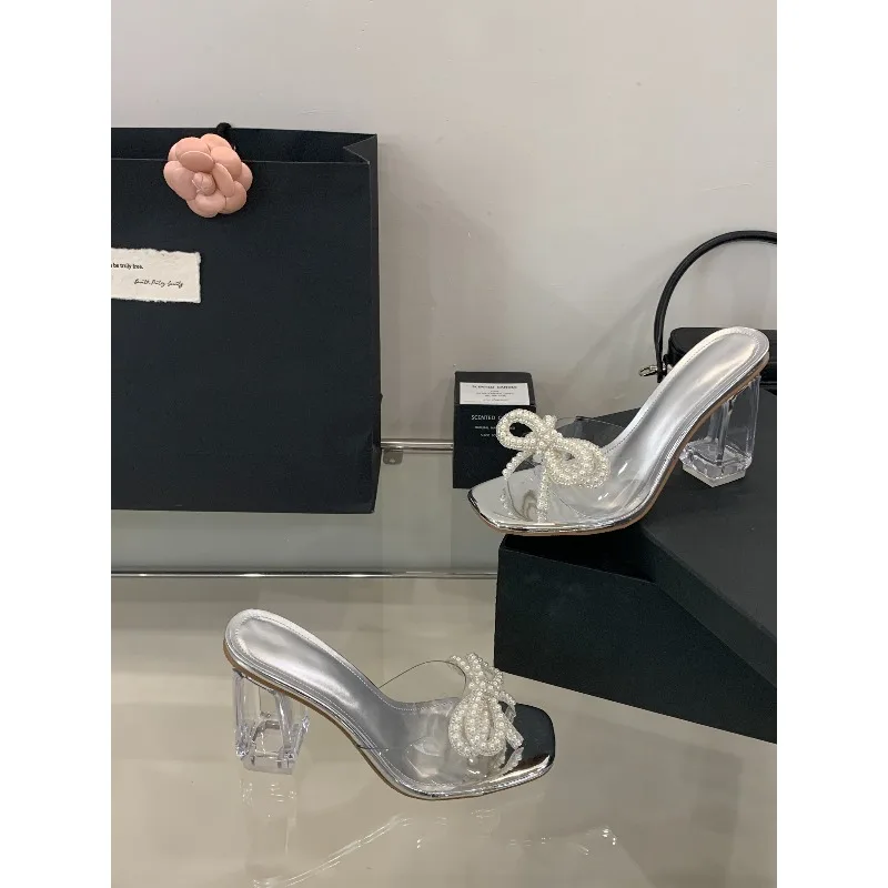 New Women's Crystal Chunky High-heeled Sandals Fashionable Versatile Pearl Bow Sexy High-heeled Sandals Size 35-41 view 2