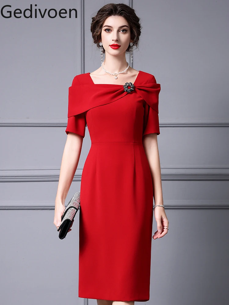 

Gedivoen Summer Fashion Runway New Designer Office Lady Style Cloak Short Sleeved Beading Pure Red Banquet Dress Dress