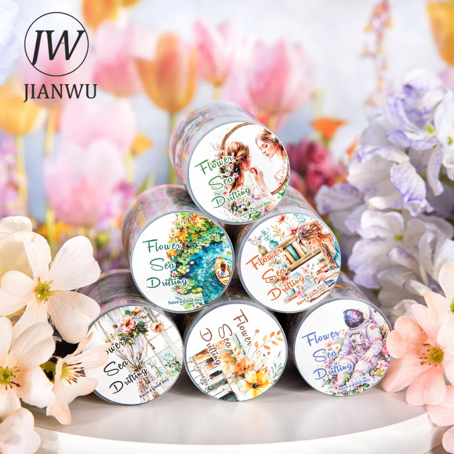 JIANWU 60mm*200cm 꽃 바다 표류 시리즈 빈티지 캐릭터 풍경 재료 콜라주 PET 테이프 크리 에이 티브 저널 편지지