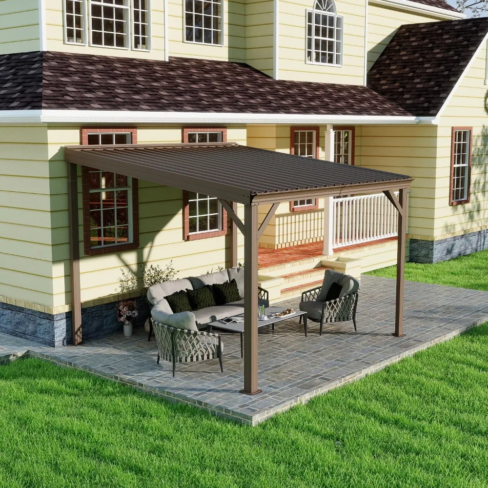 

10’x10’ Wall-Mounted Hardtop Gazebo Pergola, Permanent Lean-to Outdoor Shelter with Sloped Galvanized Steel, Customized
